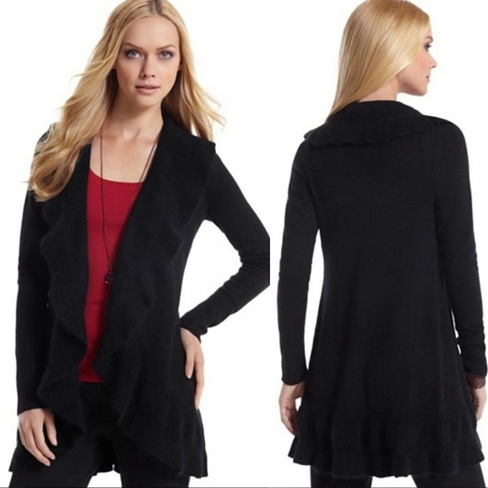 White House Black Market Ruffle Open Front Black Long Cardigan 🖤👗